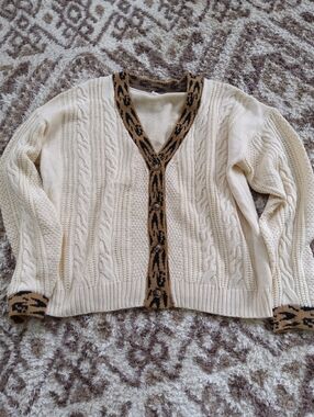 BiBi Cream Cable Knit Cardigan with Leopard-Trimmed Edges